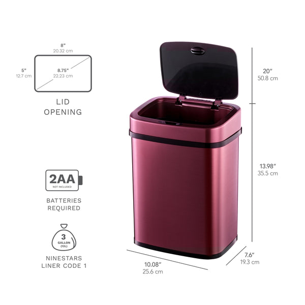 Ninestars Rectangular Motion Sensor Trash Can 3.2 Gallon, Burgundy