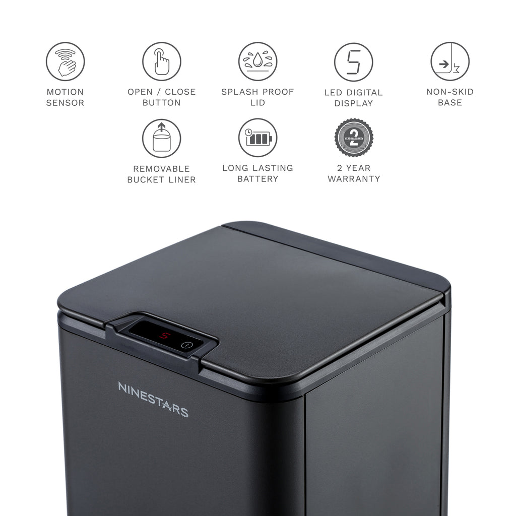 Square Motion Sensor Trash Can 2.6 Gallon, Black