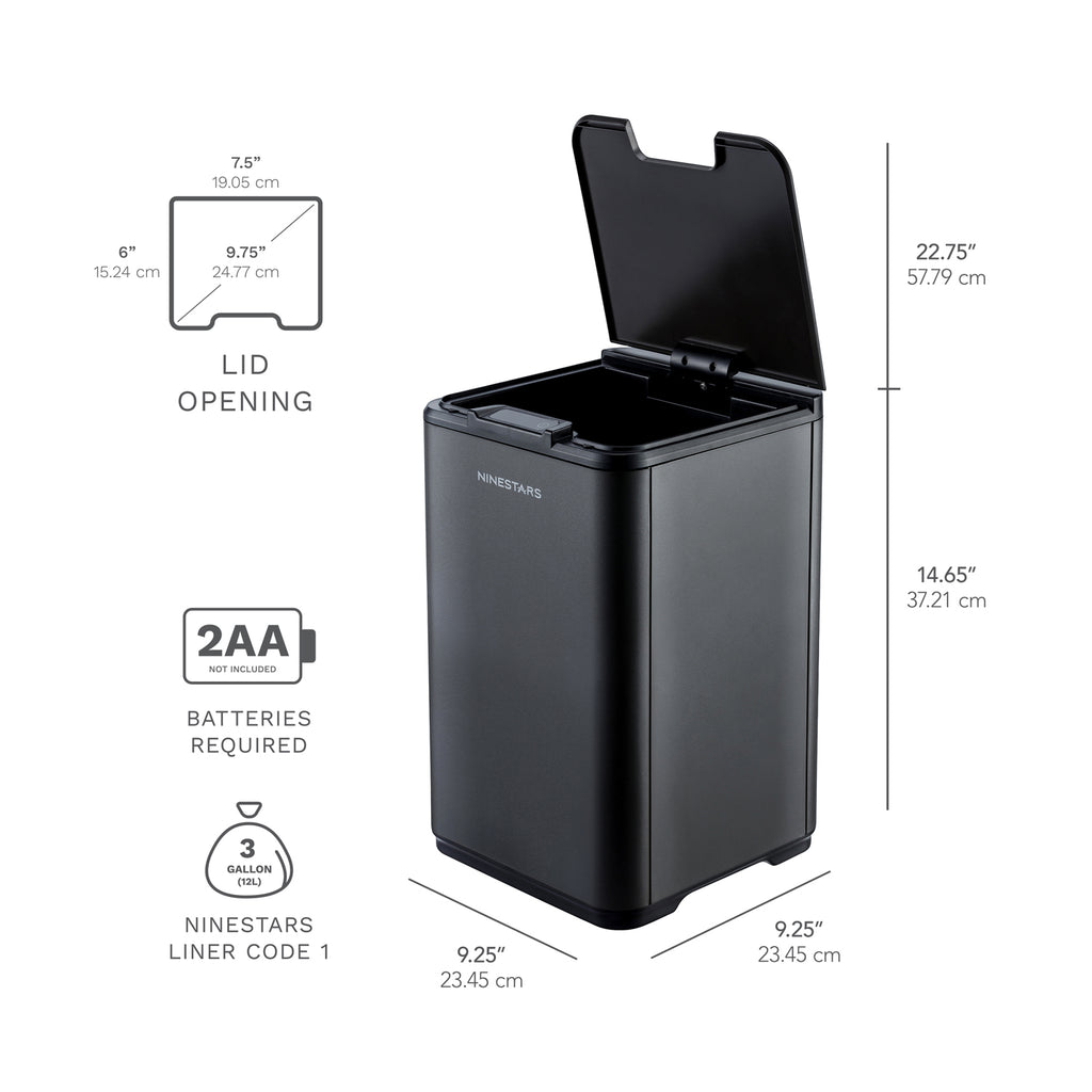 Square Motion Sensor Trash Can 2.6 Gallon, Black