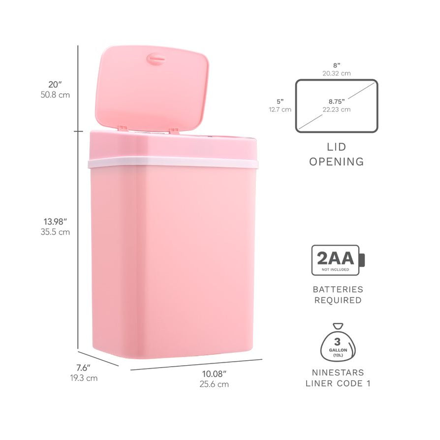 Rectangular Motion Sensor Trash Can 3.2 Gallon, Pink/Rose/Teal Blue/White/Yellow