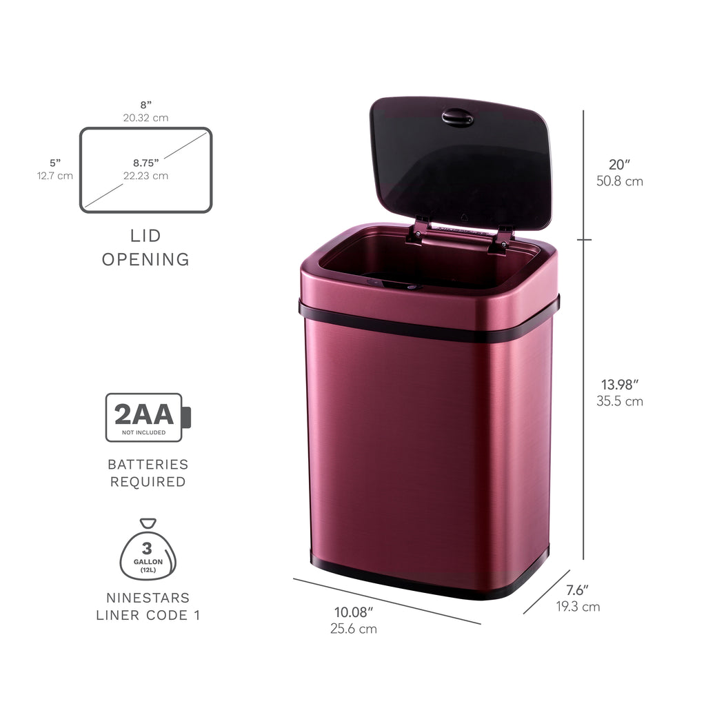 Rectangular Motion Sensor Trash Can 3.2 Gallon, Burgundy/Gold/Grey