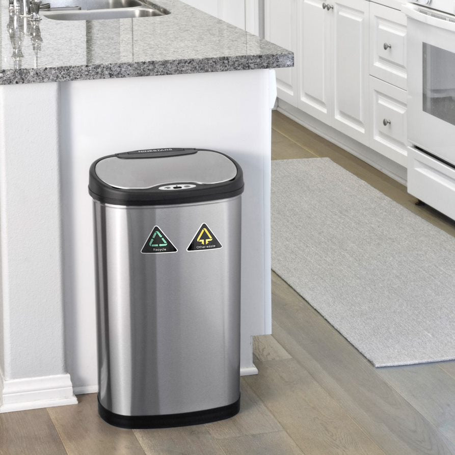 Ninestars Dual Two Compartment 18 Kitchen Garbage Recycle Trash Combo Touchless SS Duo Can