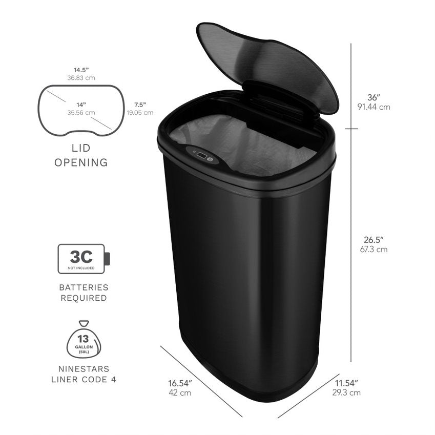 Oval Motion Sensor Trash Can 13.2 Gallon, Black